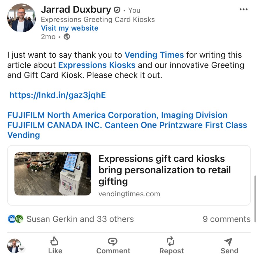 Vending Times feature article on Forget Me Not gift card kiosks