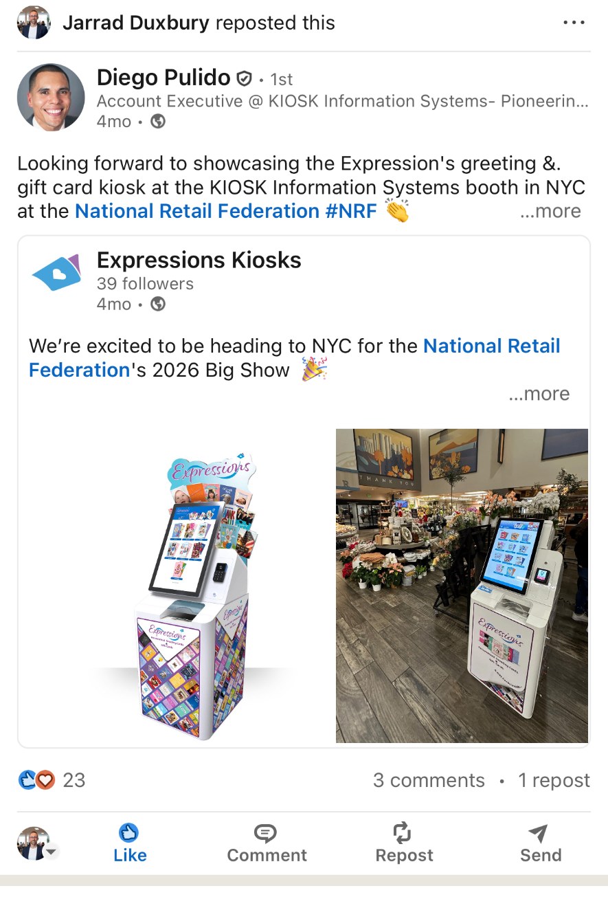 Diego Pulido / KIOSK Information Systems repost — NRF Big Show 2026